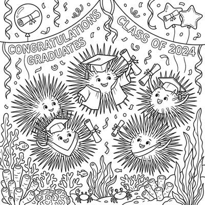 Join these spiky, adorable Diadema urchins as they celebrate their big graduation day underwater. This festive coloring page captures the joy of achievement, complete with caps, gowns, and diplomas.