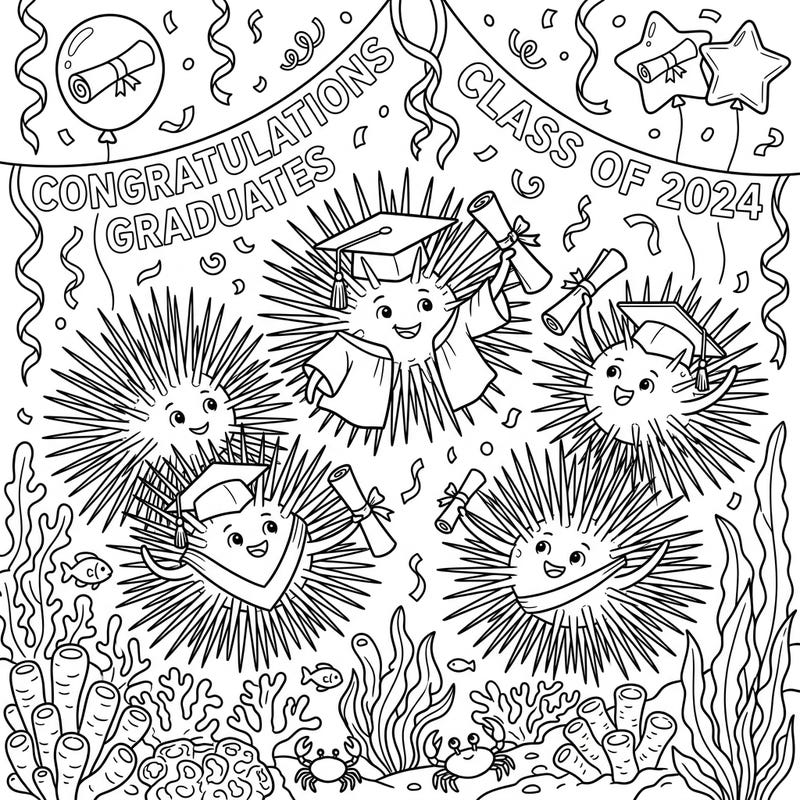 Join these spiky, adorable Diadema urchins as they celebrate their big graduation day underwater. This festive coloring page captures the joy of achievement, complete with caps, gowns, and diplomas.