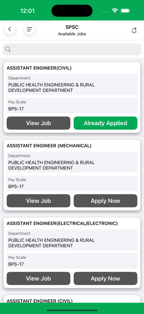 SPSC mobile app screen displaying a list of available engineering jobs with departments and pay scales