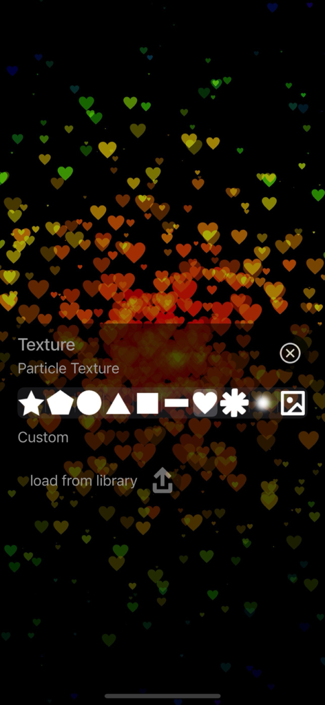 ハート型のビジュアルエフェクトの上にさまざまなパーティクルテクスチャオプションが表示されたParticle Generatorアプリのインターフェース