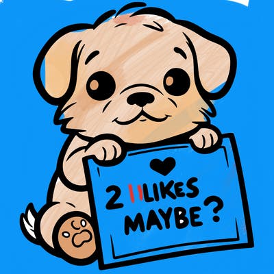 a puppy holding a sign that says 2 likes maybe?
