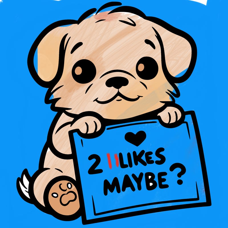 a puppy holding a sign that says 2 likes maybe?