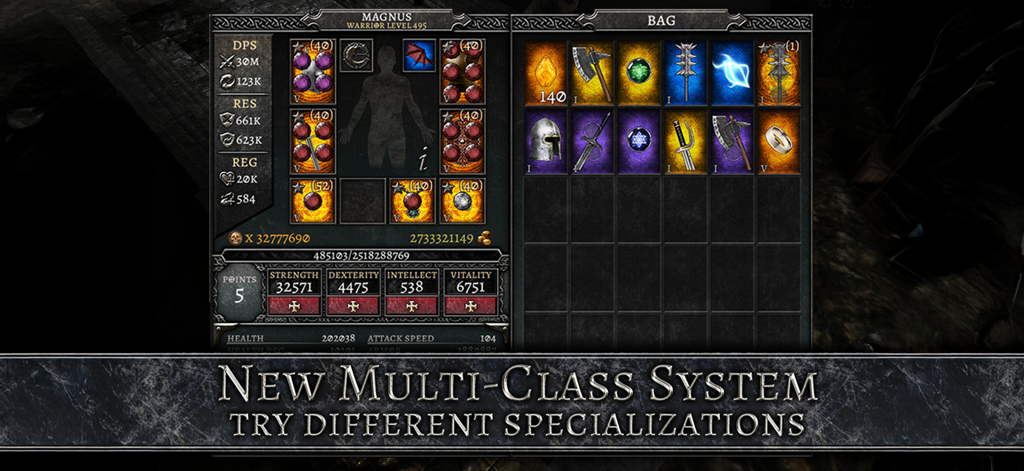 AnimA ARPG (Action RPG) - AnimA ARPGのインターフェース。レベル495の戦士のキャラクターのステータスとインベントリバッグが表示されている