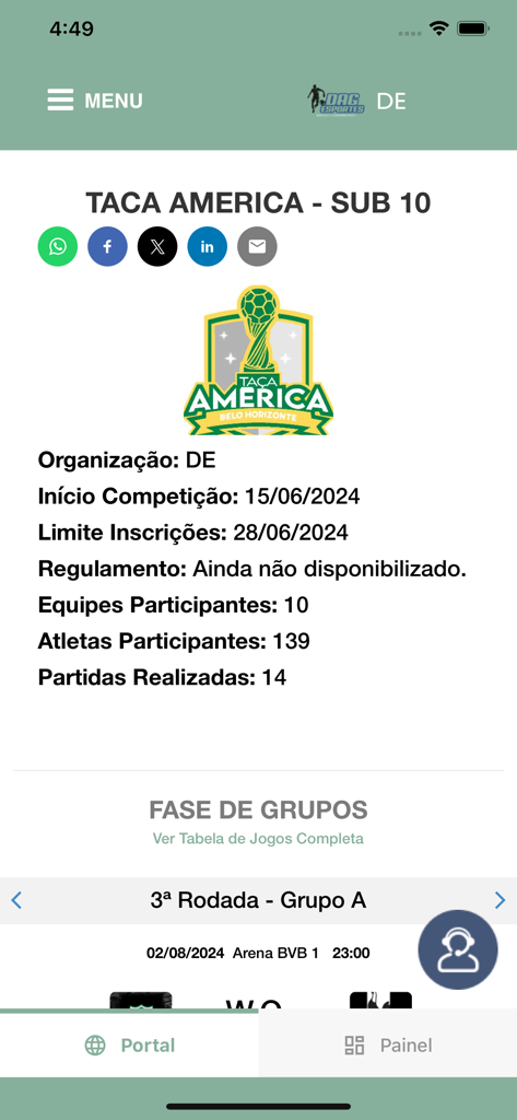 DAG Esportes - DAG Esportes app screen displaying youth soccer tournament stats and match schedules