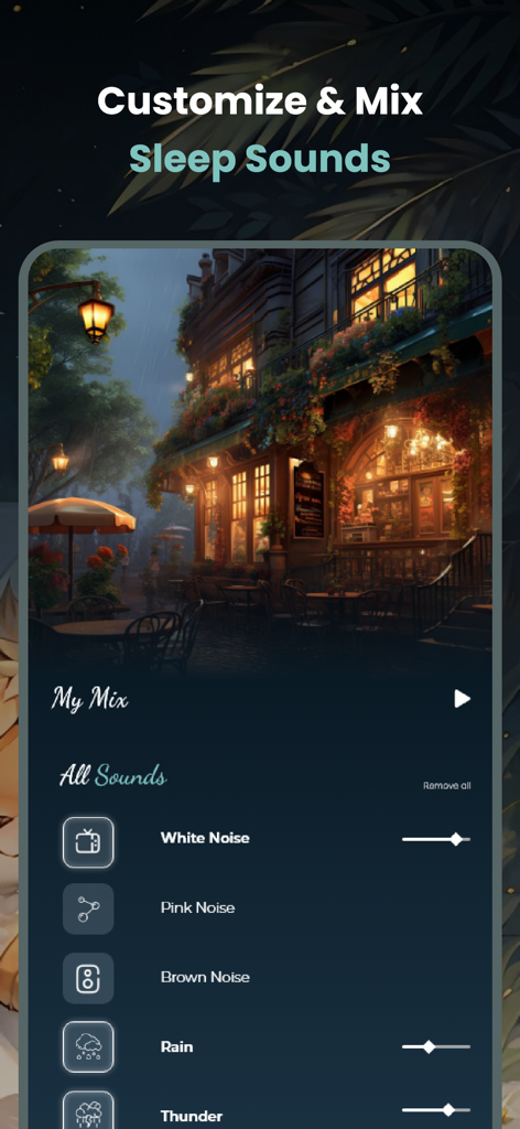 Sakun: Sleep Realms & Calm - Interfaccia per personalizzare e mixare suoni per dormire nell'app Sakun.