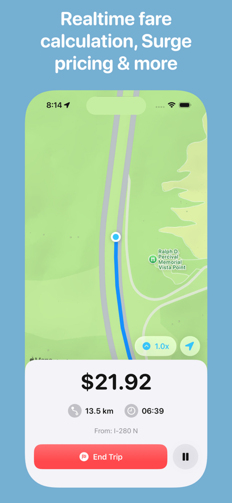Taxi Meter app interface showing real-time fare calculation and GPS route tracking on an iPhone