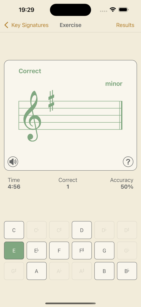 Music Buddy Pro – Learn notes - Music Buddy Pro app key signature identification exercise screen