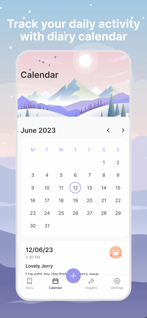 My Diary with password & lock - My Diaryアプリのカレンダー表示。マウンテンテーマとムードアイコンで日々のアクティビティトラッキングを表示。