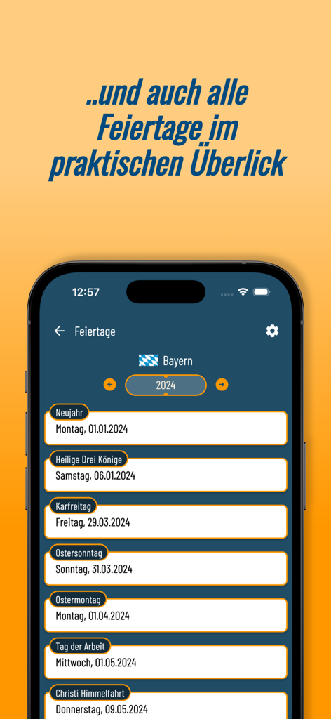 Un écran de smartphone montrant une liste des jours fériés allemands pour la Bavière en 2024 dans l'application.