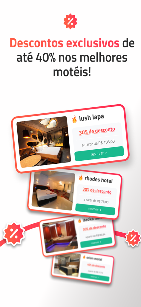 App screen showing exclusive discounts of up to 40 percent for various luxury motel suites.