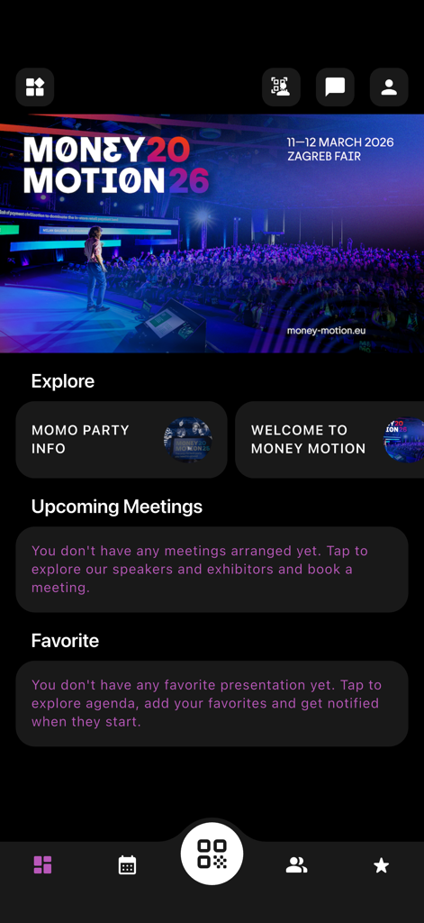 Money Motion Events - The home screen of the Money Motion Events app featuring sections for upcoming meetings, favorites, and event exploration.