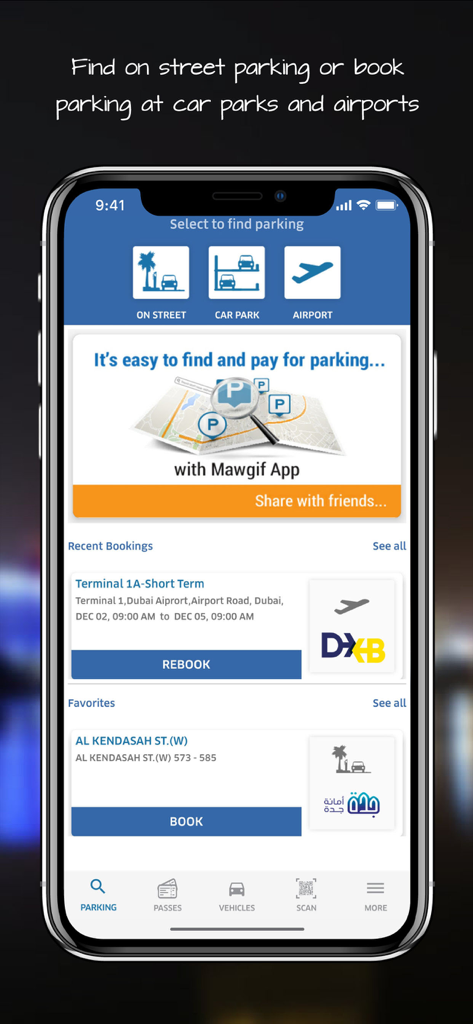 mawgif موقف - Mawgif app interface showing options to find and book parking at street locations, car parks, and airports