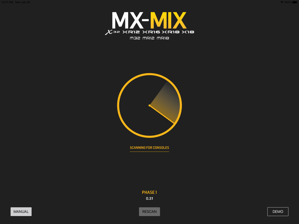 MX-Mix - MX-Mix app interface showing the scanning process for Behringer and Midas digital mixers