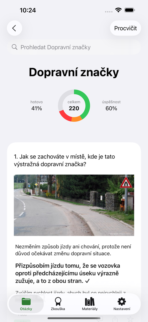 Interface of the Autoskola 2026 app showing a road signs practice question with a progress ring and multiple-choice answers.