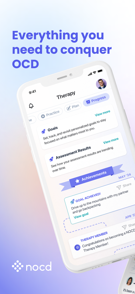 NOCD 앱의 인터페이스로 강박 장애 치료를 위한 치료 진행 상황, 목표 및 성과를 보여줍니다.