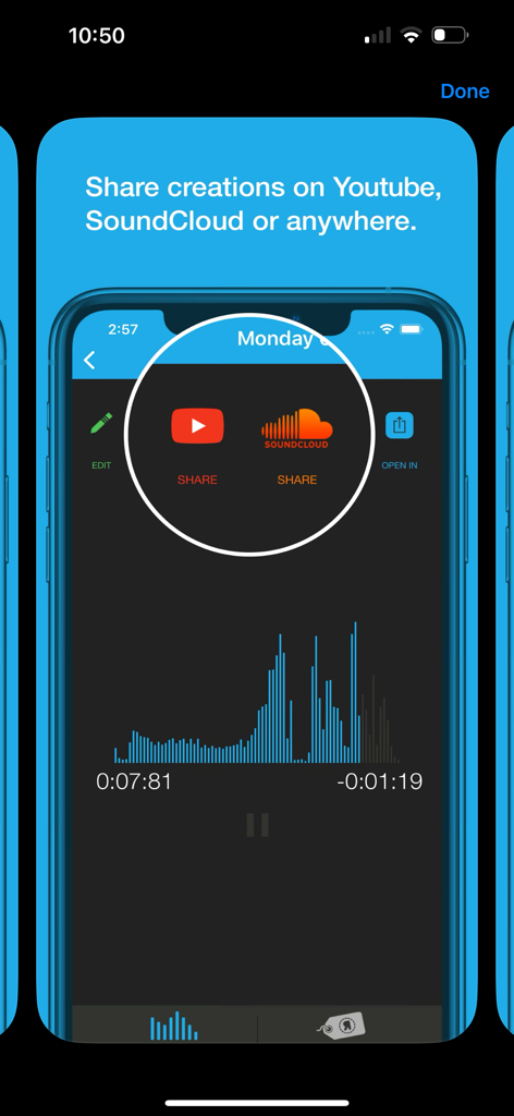 AudioCopy - Oberfläche der AudioCopy-App, die Freigabeoptionen für YouTube und SoundCloud hervorhebt