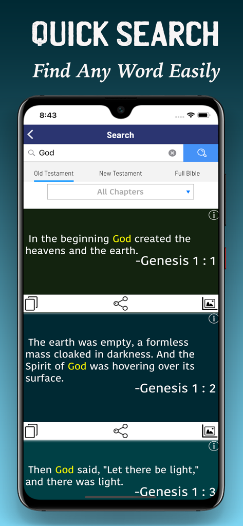 Biblia de Jerusalén Católica - A smartphone screen displaying the quick search results for the word God in a Catholic Bible app.