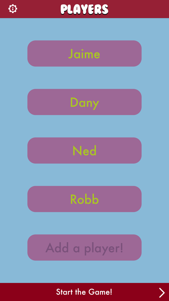 Sushi Go! Score Calculator - Player selection screen in the Sushi Go Score Calculator mobile app showing a list of names and a start game button