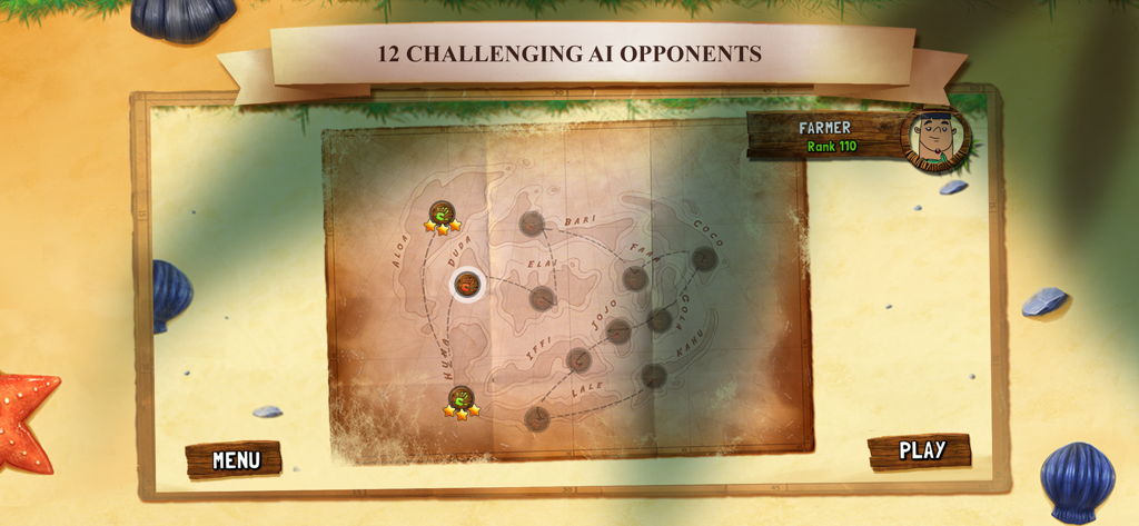 Kahuna - Kahuna mobile game map screen showing island locations and AI opponent selection