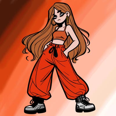 girl in baggy pants crop top and long hair