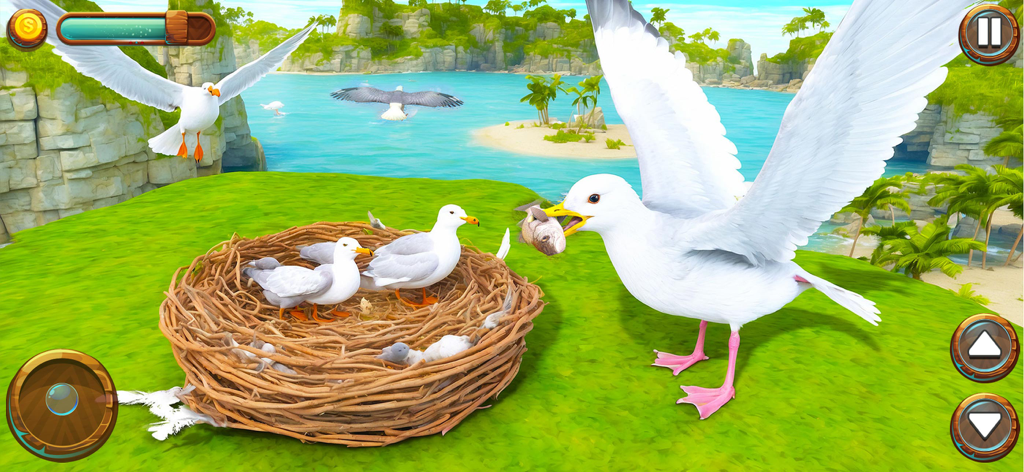 Seagull Bird Life Simulator - A 3D seagull character holding a fish in its beak next to a nest on a tropical island