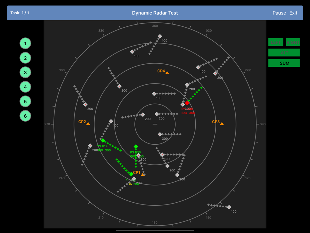Simulazione del modulo Dynamic Radar Test di SkyTest Air Traffic Controller su iPad.