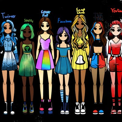 seven realistic girls standing up next to each other