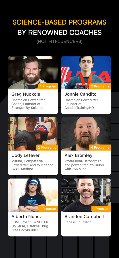 Boostcamp app screen showcasing science-based workout programs from professional strength coaches