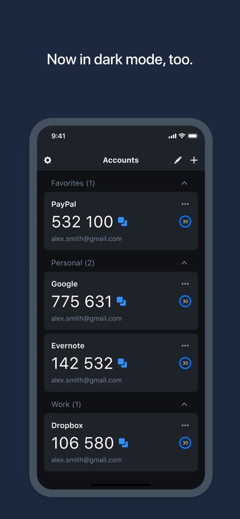 Aplicación LastPass Authenticator que muestra códigos de autenticación de dos factores para varias cuentas en modo oscuro.