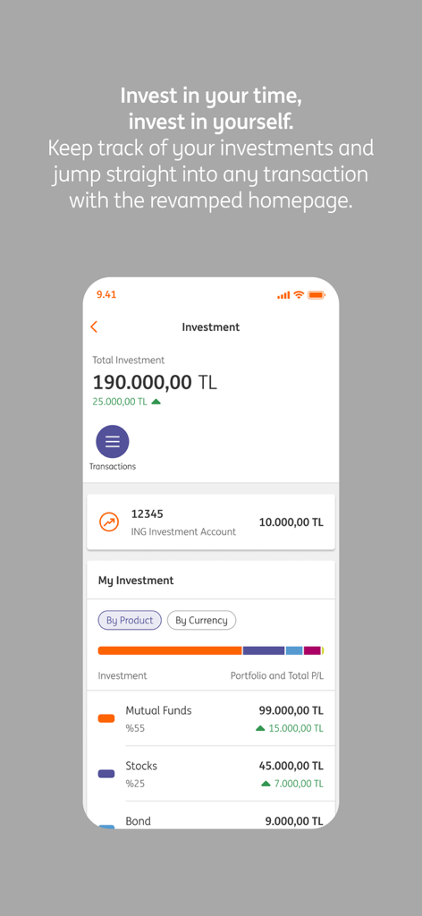 A mobile screen from the ING Mobil app showing a total investment balance in Turkish Lira and a detailed portfolio breakdown of mutual funds and stocks.