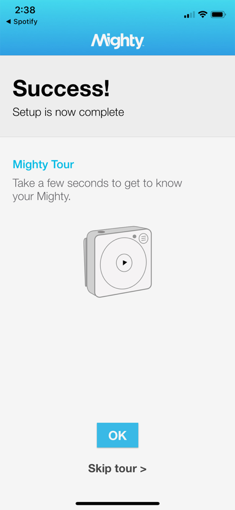 Mighty Audio - Success message confirming the setup of the Mighty device is complete