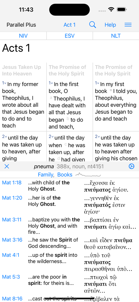 PARALLEL PLUS Bible-study app - Versioni bibliche parallele e risultati dello studio delle parole greche per pneuma nell'app Parallel Plus