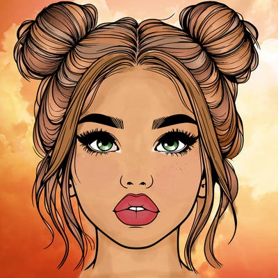 realistic girl with two buns on her hair and lips