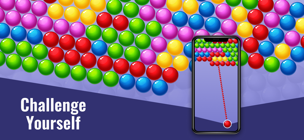 Bubble Shooter: Pop Bubble - Bubble Shooter Pop Bubble Mobile-Spielbildschirm mit bunten Blasen und dem Text 'Fordere dich selbst heraus'