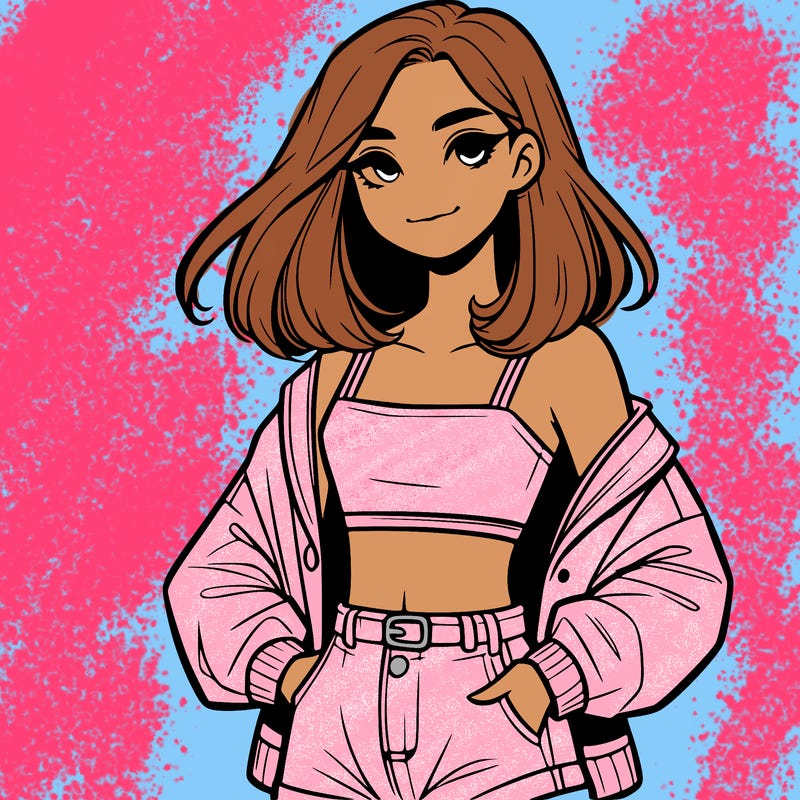 a realistic girl with a crop top and short shorts in an open jacket