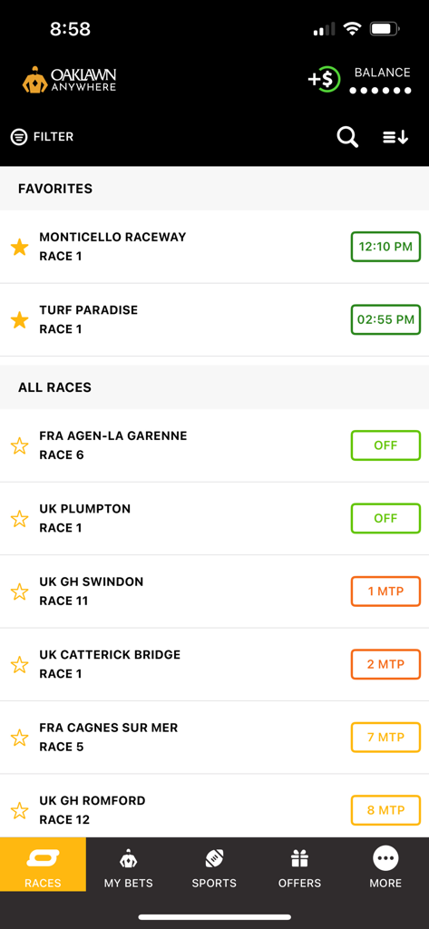 OaklawnAnywhere - OaklawnAnywhere app displaying a list of favorite and upcoming horse races with track names and post times