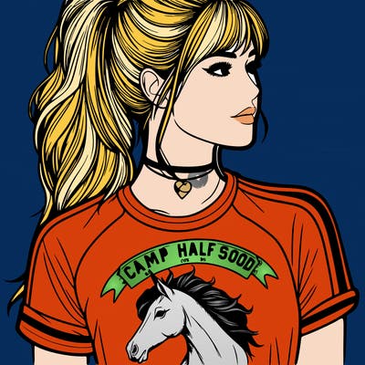 realistic girl with a high ponytail a t-shirt with a pegasus on it with the words camp half blood on it