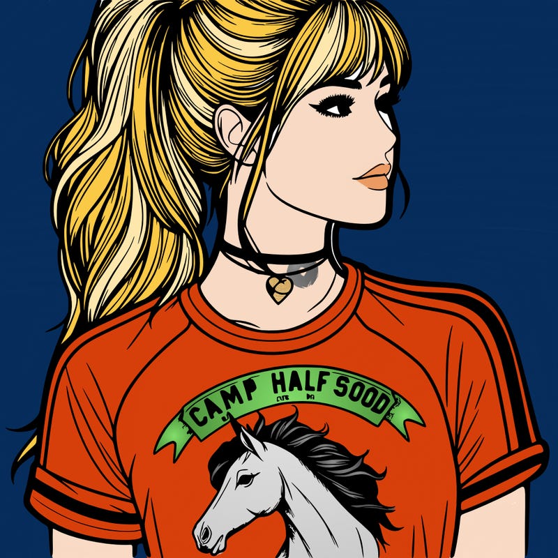 realistic girl with a high ponytail a t-shirt with a pegasus on it with the words camp half blood on it