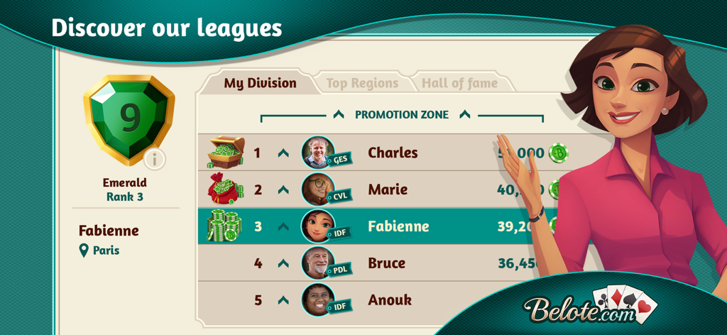 Belote.com - Coinche & Belote - Un écran de classement dans l'application Belote.com affichant le classement des joueurs et leur niveau dans la ligue Émeraude.