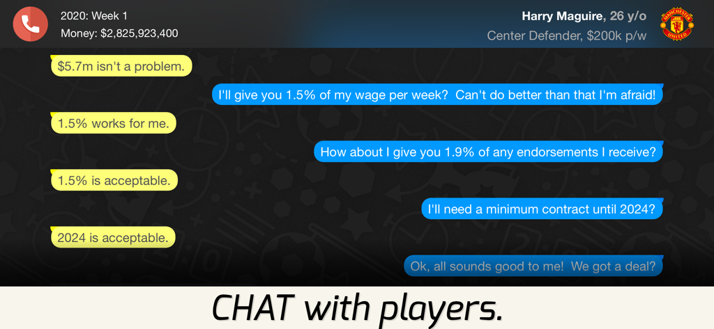 Superstar Football Agent - In-game chat interface showing a football agent negotiating contract terms and wages with a professional player.