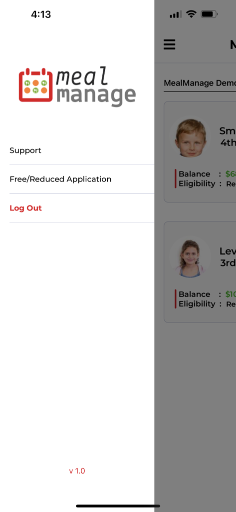 MealManage app side navigation menu showing support and account options over the student meal dashboard