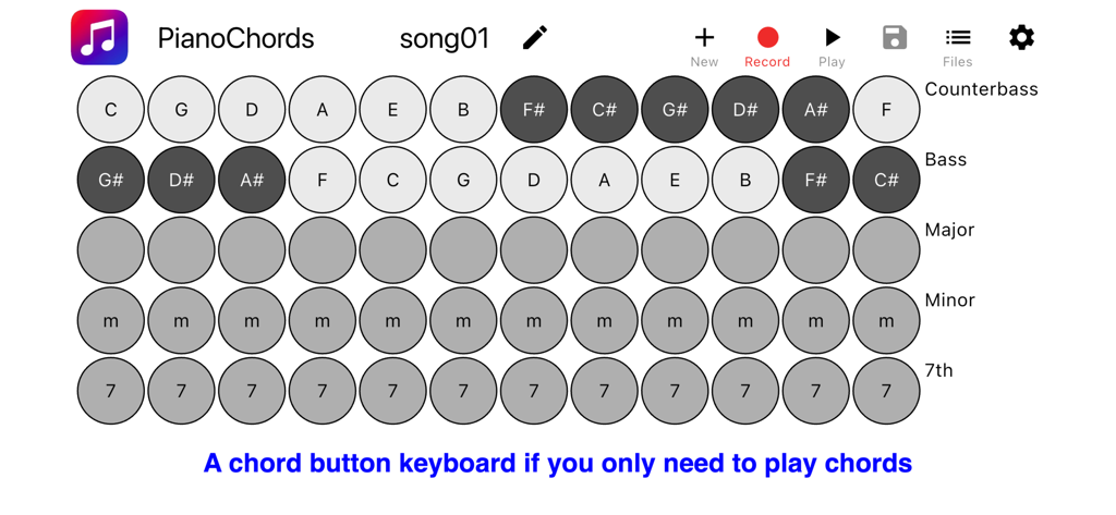 Piano Chords: keys + accordion - Eine Akkordtasten-Keyboard-Oberfläche mit dem Stradella-Basssystem zum Spielen von Akkordeonakkorden auf einem Mobilgerät.