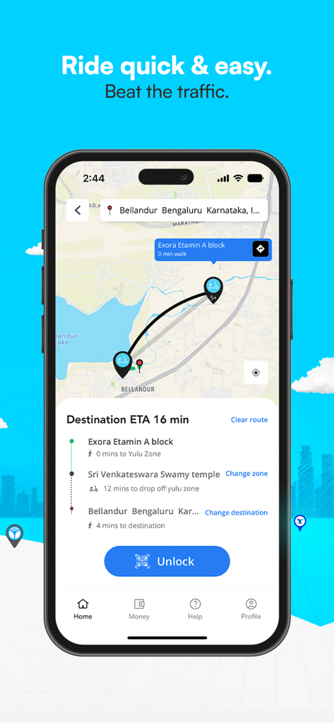 Yulu app interface displaying an e-bike route map with a sixteen minute ETA and an unlock button