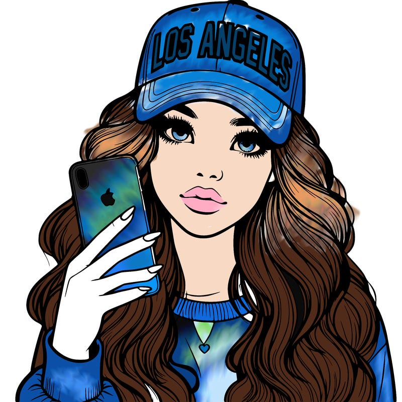 realistic beautiful girl wearing los ángeles cap holding an iphone