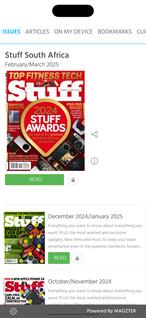 Libreria di numeri digitali nell'app Stuff Magazine che mostra copertine per premi tecnologici e guide ai regali