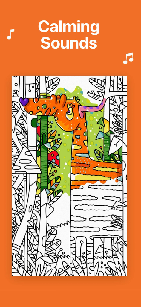 Tayasui Coloring Book - A vibrant giraffe illustration in Tayasui Coloring Book with calming sounds feature displayed.
