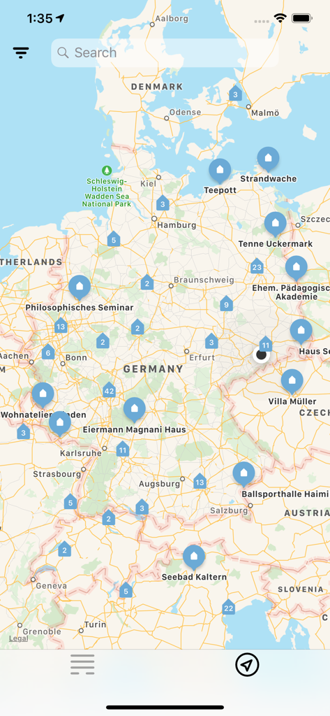 Architectures app interface displaying a map of Europe with pins for notable buildings