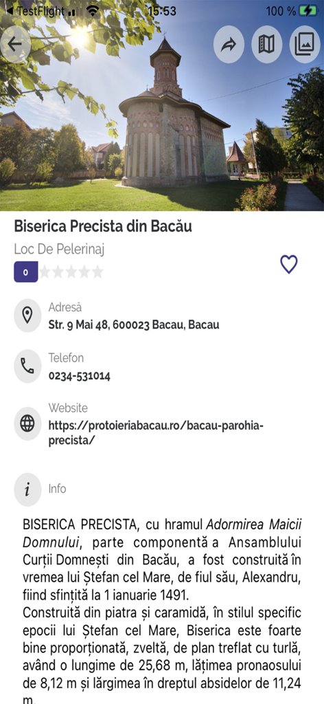 역사적 세부 정보 및 연락처 정보를 포함한 버카우의 Precista 교회에 대한 정보를 표시하는 모바일 앱 화면