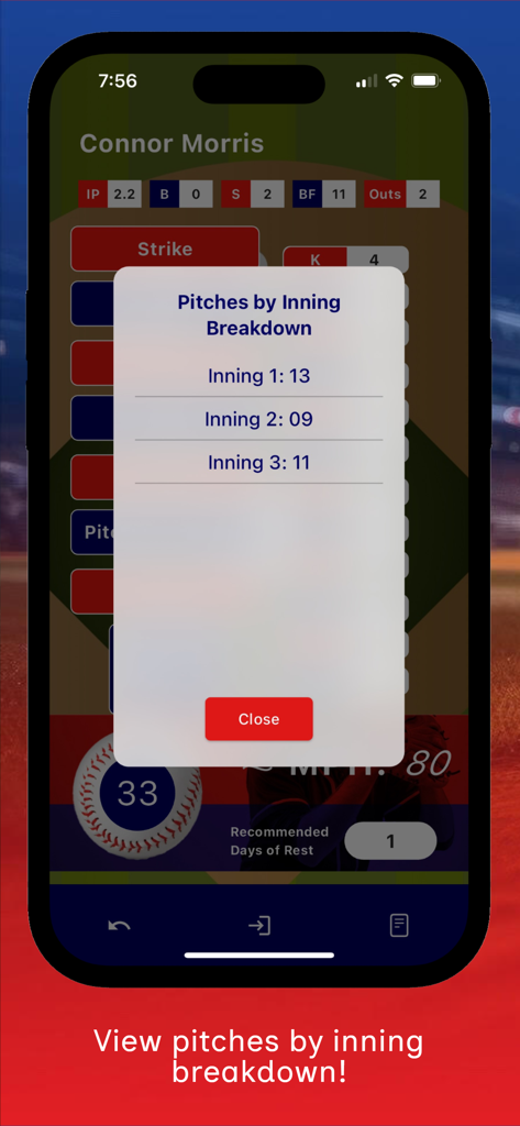 Aplicativo Track-A-Pitch mostrando um detalhamento das contagens de arremessos por inning