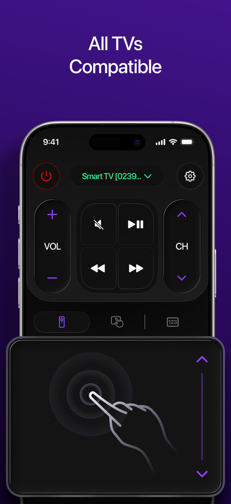 Universal TV・Remote Control・ - Universal TV Remote app interface featuring touchpad navigation and volume controls on an iPhone.